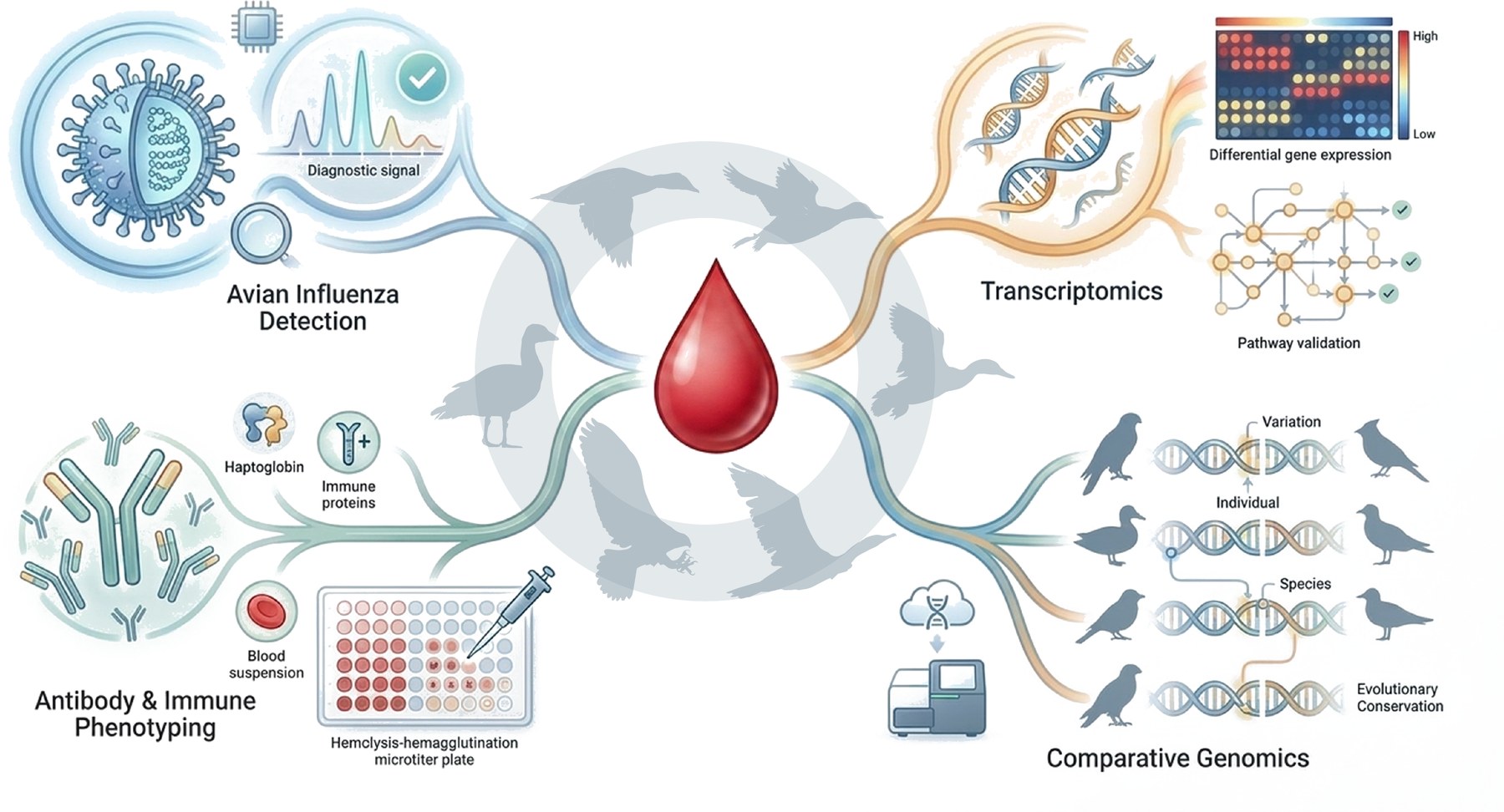 Diagram showing four uses of a single avian blood sample, radiating from a central blood drop over silhouettes of ducks, geese, gulls and raptors: avian influenza detection via diagnostic signal; transcriptomics yielding differential gene expression and pathway validation; antibody and immune phenotyping using haptoglobin, immune proteins and hemolysis-hemagglutination microtiter plates; and comparative genomics comparing variation within individuals, between species, and across evolutionary conservation.